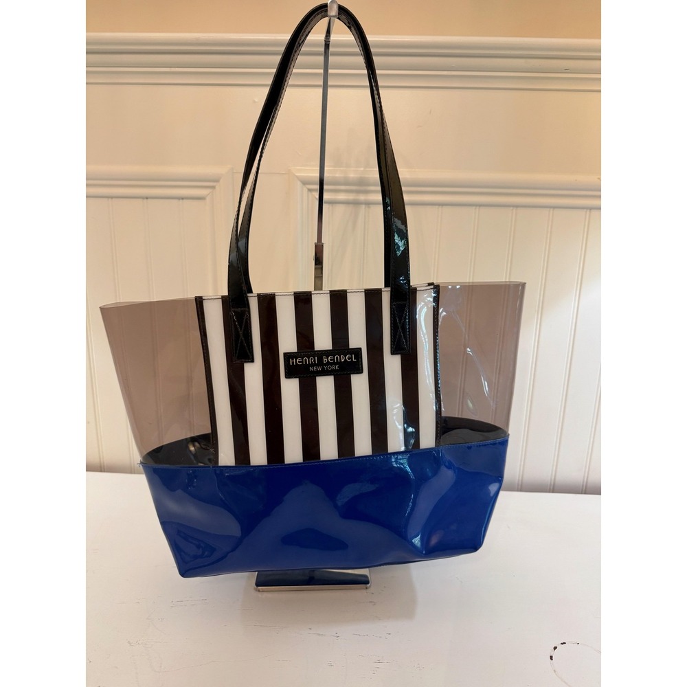 Henri Bendel Tote Bag Womens Medium Blue Striped Clear Vinyl Beach Resort Preppy